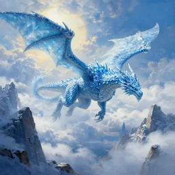 A highly detailed fantasy concept art matte oil painting by Greg Rutkowski and Thomas Kinkade of a very realistic, huge ancient ice dragon with lots of crystal blue scales, flying through the clouds over some tall snowy and icy mountains with lots of rocks in the early morning with the sun blocked by all the clouds, light blue and dark blue color scheme, D&D artwork.