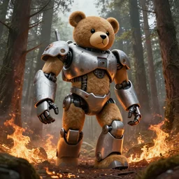 giant mech teddybear robot walking through burning forest, dystopian, sci-fi, extremely detailed, digital painting, sculpted in zbrush, artstation, smooth, sharp focus, illustration, chiaroscuro lighting, golden ratio, incredible art, artgerm