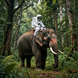 american astronaut in the forest riding an elephant, objects well lit, plants environment, wide angle, cinematic lighting, atmospheric, realistic, octane render, highly detailed, color graded, in the style of craig mullins