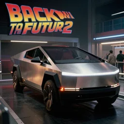 back to the future 2, movie still, 4 k, movie grain, remastered, tesla cybertruck as the time machine, cinema, dramatic illumination, detailed, real,