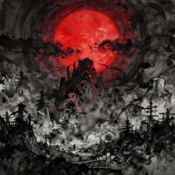 red sun cosmic horror, ink on canvas, by li chevalier