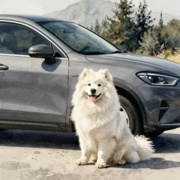 a samoyed dog sitting near a grey scottish fold car, watercolor