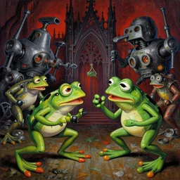 expressive detailed painting of pepe the frog fighting machines by ayami kojima, amano, karol bak, greg hildebrandt, and mark brooks, neo - gothic, gothic, rich deep colors. beksinski painting, part by adrian ghenie and gerhard richter. art by takato yamamoto. masterpiece