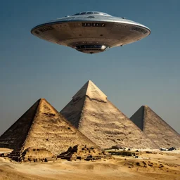 pyramids being built with a ufo in the sky, cinematic lighting, by greg rutkowski