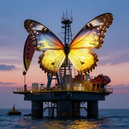 in the evening a large, glowing butterfly perches on an oil platform. by monet