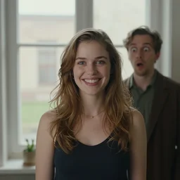 a portrait of a woman standing infront of a window, she is happy and has lovely hair and eyes, a man is standing behind her with a look of suprise in his face, 8 k, lowbrow, in the style of daniel merriam and alexander jansson,