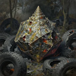 oil painting of decagon as mollusk in torn & shredded tire pile landscape, double exposed, claustrophobic, hyper detailed, terrifying horror book jacket illustration baked at searing 6 0 0 f by wayne d barlowe, h r giger, simon bisley