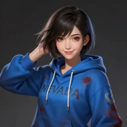 a highly detailed illustration of short hair cute japanese girl wearing blood stained blue hoodie with the word nevada on it, dramatic smile pose, intricate, elegant, highly detailed, centered, digital painting, artstation, concept art, smooth, sharp focus, league of legends concept art, WLOP