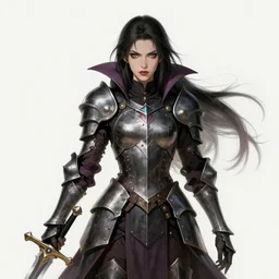 female human vampire witch in fantasy armor holding a sword, in the style of greg rutkowski, makoto shinkai, trending on artstation, character design, concept art, pretty face, forward facing, highly detailed, digital art