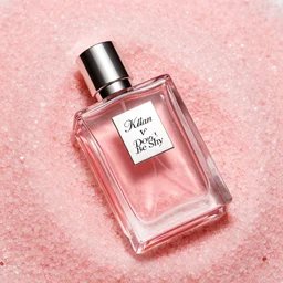a bottle of Kilian perfume, Kilian Love Don't Be Shy, the bottle of perfume is laying on pink sugar crystals, high resolution photo,
