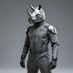 man wearing futuristic grey jumpsuit and a metal rhino helmet, art station, 4 k