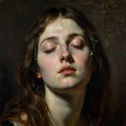 Shattered face of a beautiful woman with closed eyes in singularity of baroque folds, shadows, the long shot, dramatic lighting, high-detailed oil painting by Ilya Repin, William Blake, Michelangelo da Caravaggio and Beksinski, masterpiece, 4k