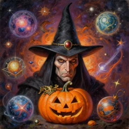 classic oil painting, 🎃 head human warlock as a dnd character, surrounded by vibrant celestial objects, cottagecore, highly detailed, graphic design, digital illustration, concept art, smooth, sharp focus, art by tim hildebrandt, and greg hildebrandt