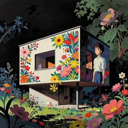 ( ( gediminas pranckevicius ) ) house by kengo kuma, art by syd mead, malevich and makoto shinkai, very coherent, sharp, colorful high contrast, dark shadows, hard lighting, floralpunk, cyberpunk, flower garden, inking etching screen print paper cutout collage