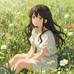 a beautiful girl with long dark hair, sitting in a field of flowers, sunny, daytime, sharp focus, intricate, digital painting, artstation, official media, anime key visual, highly detailed, rich vivid colors, ambient lighting, illustration, art by Artgerm, Makoto Shinkai, Ilya Kuvshinov, Lois Van Baarle, and Rossdraws