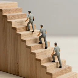 miniature men of gray clay climbing on huge wooden stairs