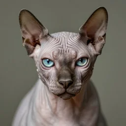 photographic portrait wrinkly sad max ersnt hairless cat head, editorial