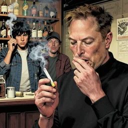 A beautiful, stunning, extremely detailed comic book illustration by John Higgins showing Elon Musk and Steve Jobs smoking a joint with Jay and Silent Bob behind a liquor store, smoke in the air, Steve Jobs coughing