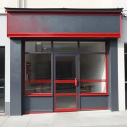 Award winning shopfront design, convenience store, anthracite with red accents, metal, paint, textures, highly detailed, bright signage, vinyl on glazing, zaha hadid