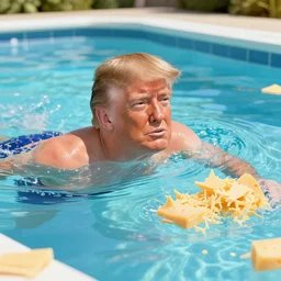 donald trump swimming in a pool of shredded cheese