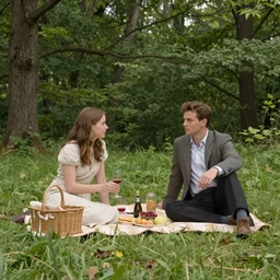by john reuss, by bert hardy brash, artificial. a computer art of a young woman & a well - dressed man enjoying a picnic lunch on a grassy knoll. the man is shown seated facing the woman, & he is looking directly at her. both figures are surrounded by a dense forest.