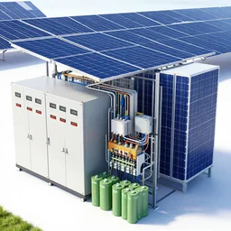 highly detailed, utility scale solar pv, energy storage system, switchgear, batteries, concept art, character art, studio lightning, bright colors, intricate, masterpiece, photorealistic, hyperrealistic, sharp focus, high contrast, artstation hq, deviantart trending, 8 k uhd, unreal engine 5