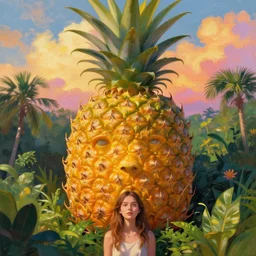 closeup, giant pineapple face, girl surrounded by djungle, surreal photography, golden hour, colorful clouds, impressionist painting, digital painting, artstation, simon stalenhag