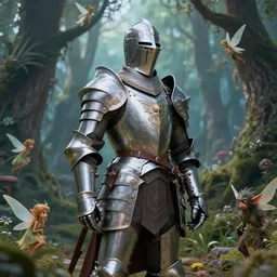 a stunning photograph of a knight wearing ultra detailed and ornate fantasy armor in a magical forest filled with pixies and goblins
