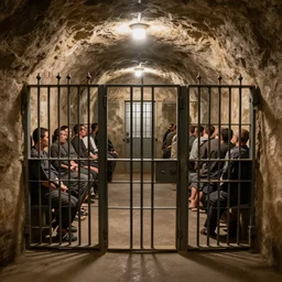 full length photo of a cave jail, prison cave, many prisoners inside, highly detailed, high resolution