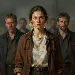 cinematic shot epic portrait an female survivor wearing a brown jacket and a white t shirt, dirty clothes, shiny skin, tied hair, broad light, ambient occlusion, volumetric light effect, made by ivan aivazovsky, peter mohrbacher, greg rutkowski, matte painting, trending on artstation, 4 k, perfectly defined features, digital painting, cinematic, epic, highly detailed,
