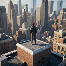 A person standing on top of a rooftop with New York City below, 3D, Unreal Engine