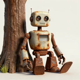 rusty robot sitting by a tree, auction catalogue photo