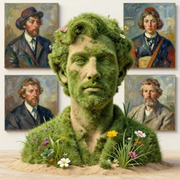 a full body sculpture portrait made of grass and sand and flowers and plants, painting part by wojciech siudmak, part by ilya repin, part by max ernst, part by norman rockwell, artstation