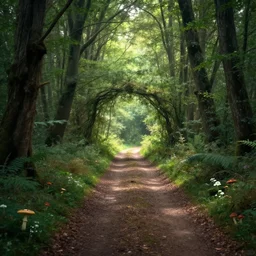 A small dirt path leading to a magical elven forest emanating radiance by Daniel Lieske, Magical Portal Near The Forest Entrance, Dirth Path, Magical Forest, Particles in air, little mushrooms and flowers growing in the dirt