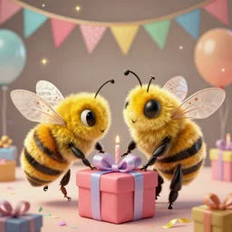 the birthday party bee with birthday present. Streamers all over. A bee that stings you on your birthday party. Detailed digital art by greg rutkowski, Thomas kinkade, Keith Parkinson, artstation, cgsociety, deviantart, 8k, HD