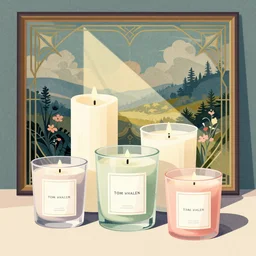 illustration with a set of beautiful scented candles, an art deco painting by tom whalen, trending on behance, art deco, retro illustration, digital illustration, storybook illustration, grainy texture, flat shading, vector art, airbrush, pastel, watercolor, poster