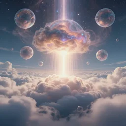 Cosmic inflation bubbles peaking through the clouds, ascended master floating in the center emitting rays of consciousness concept art, matte painting, 8k, highly detailed, artstation, fluffy clouds, high quality,