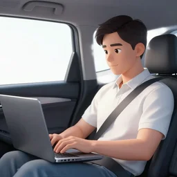 man having a zoom meeting in the car passenger seat