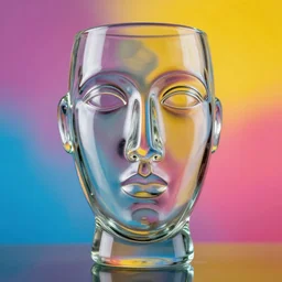photograph of a glass sculpture of a woman's face, colourful background