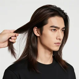 handsome man with shiny and silky long hair getting hair styled by a hair queen wearing a golden crown studded with sparkling diamonds, water color