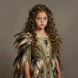 8 5 mm f 1. 8 portrait of a girl that is a mixture between claudia guarnierni and doutzen kroes, she is about 2 5 years old, long curly hair, she is wearing a ornate elven robe with feathers by iris van herpen, highly detailed, digital painting, artstation, concept art, smooth, sharp foccus ilustration, artstation hq