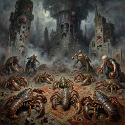 fine art oil painting varied muck jeweled, filthy rugated armored crustaceans clawing & terrified as massive brutalist structures, claustrophobic cilia sporing pox, evil fog, final battle removal, battle panorama 3 6 0 clustered horror, by virgil finlay, vincente b ballestar, by francesco blanc, geof darrow, bisley,