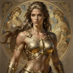 warrior woman, muscular upper body, D&D, fantasy, intricate, elegant, highly detailed, digital painting, artstation, concept art, smooth, sharp focus, illustration, art by artgerm and greg rutkowski and alphonse mucha