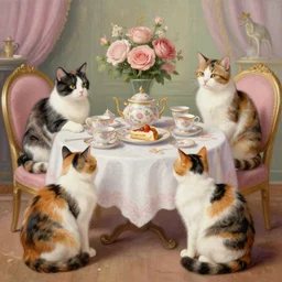 only three calico cats enjoying a fancy english tea party, painted by raphael