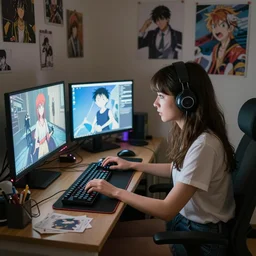 a woman playing video games in her messy bedroom environment, life is strange | | fine detail!! anime!! realistic shaded lighting!! by ilya kuvshinov katsuhiro otomo ghost - in - the - shell, magali villeneuve, artgerm, jeremy lipkin and michael garmash and rob rey