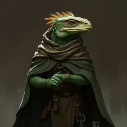 anthro iguana warrior wearing cloak, dnd illustration by enki bilal and dan mumford, character concept trending on artstation