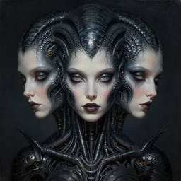 ultra realist intricate painting of gothic female alien, curvy, black scales on face and cyborg tech, dystopian surrealism, symmetry accurate features, very intricate details, focus, high resolution, 4k, photo realistic, artstyle Alex Ries and Zdzisław Beksiński, award winning