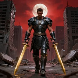 A muscular man with black metal armor and two big golden swords in his hands is walking in a street surrounded by ruined skyscrapers and the sky is red with a full moon, dramatic lighting