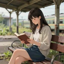 a beautiful girl sitting on a bench reading at an abandoned overgrown train station, digital anime painting. wlop, rossdraws, detailed anime illustration, detailed stylized portrait, details, detailed artwork
