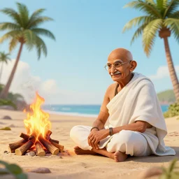 gandhi at the beach sitting on the sand next to a campfire with palm trees in the back, 3 d render, official art, promotional art,